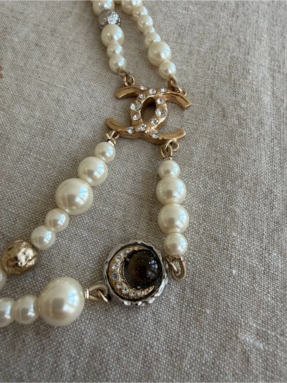 🤍CHANEL Ivory Pearl Double-Strand Necklace with Gold CC Charm✨
